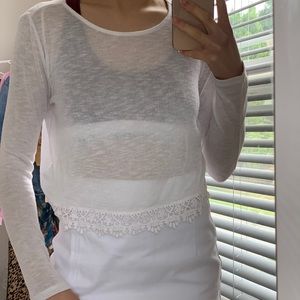 WHITE SHEER LONG SLEEVE TOP WITH LACE TRIM